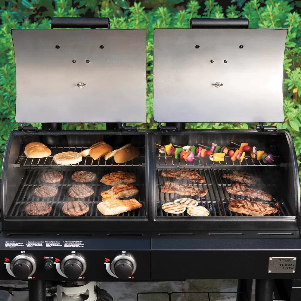 Char-Griller 3070 Texas Trio 4-Burner Dual Fuel Grill with Smoker in Black