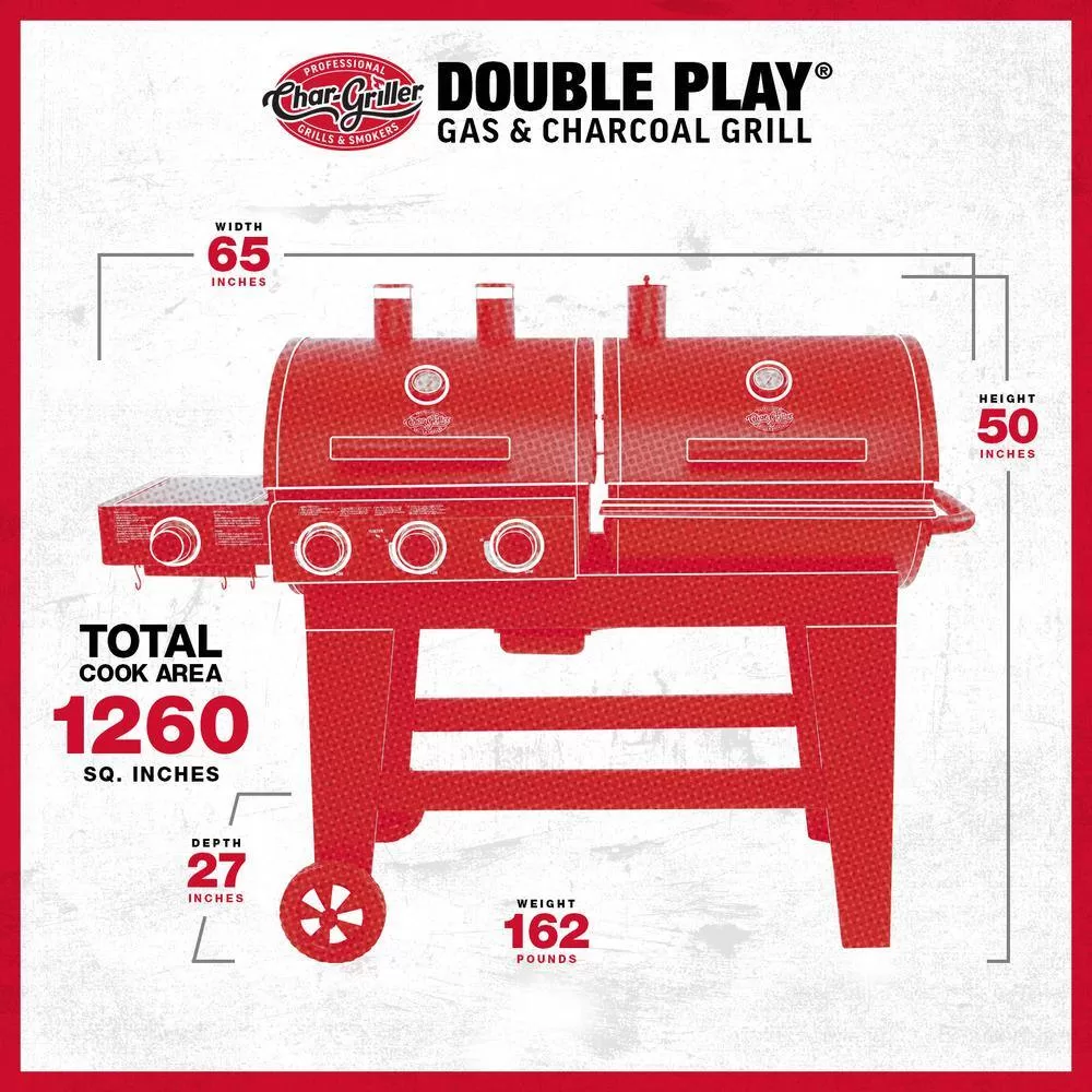Char-Griller 5650 Double Play 1,260 sq., in. 3-Burner Gas and Charcoal Grill in Black