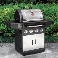Char-Griller 7400 Flavor Pro 4-Burner Propane, Wood Gas Grill with Multi-Fuel Flavor Drawer in Silver