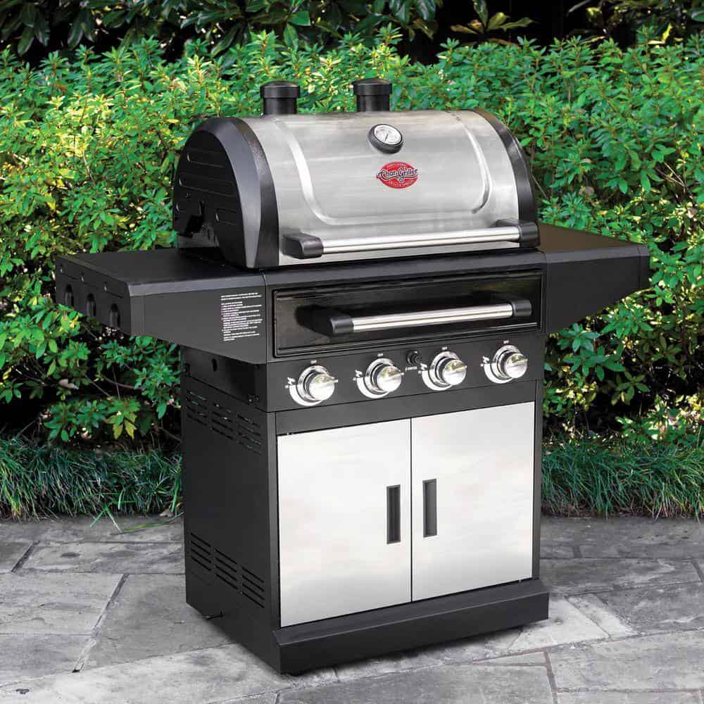 Char-Griller 7400 Flavor Pro 4-Burner Propane, Wood Gas Grill with Multi-Fuel Flavor Drawer in Silver