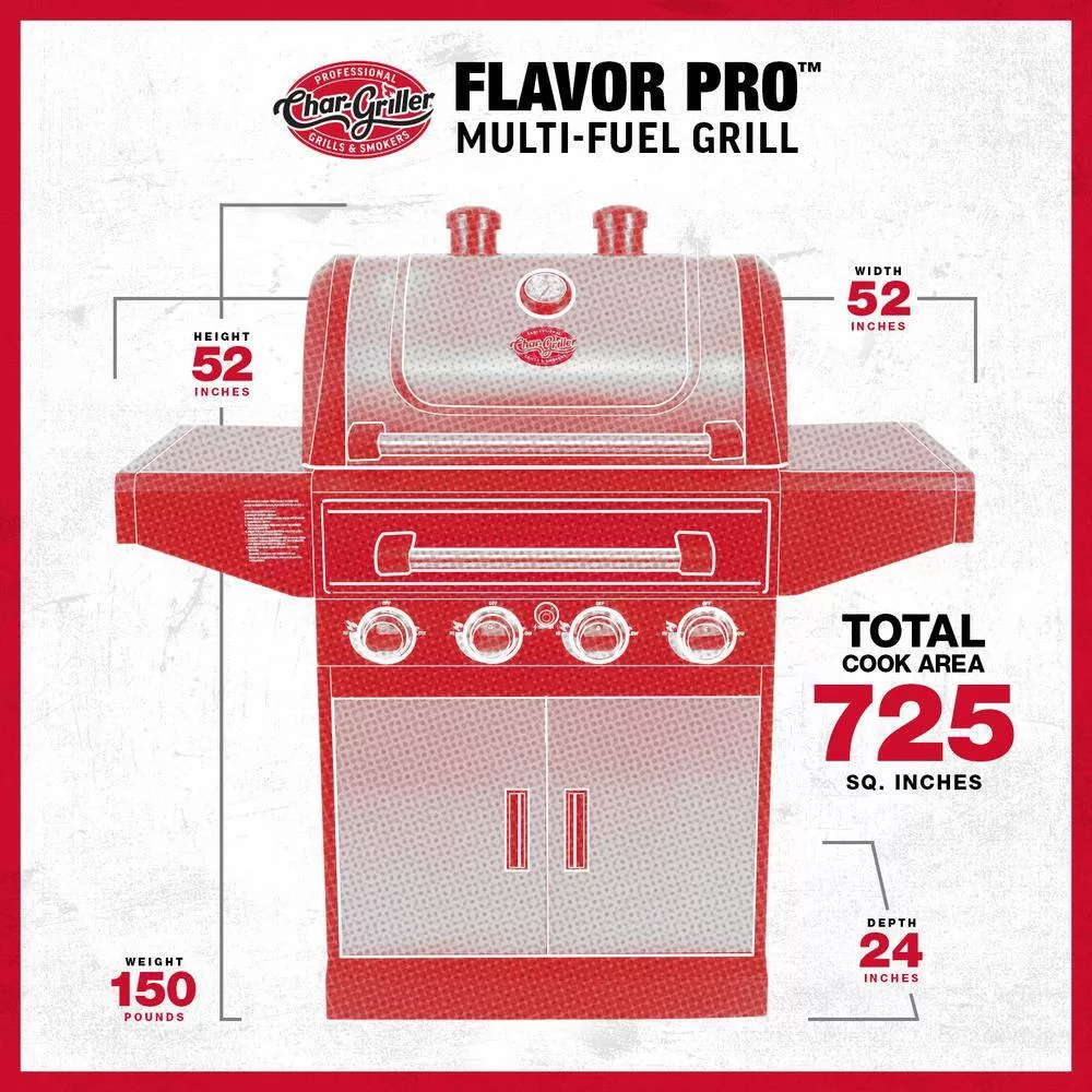 Char-Griller 7400 Flavor Pro 4-Burner Propane, Wood Gas Grill with Multi-Fuel Flavor Drawer in Silver