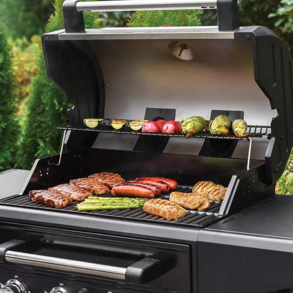 Char-Griller 7400 Flavor Pro 4-Burner Propane, Wood Gas Grill with Multi-Fuel Flavor Drawer in Silver