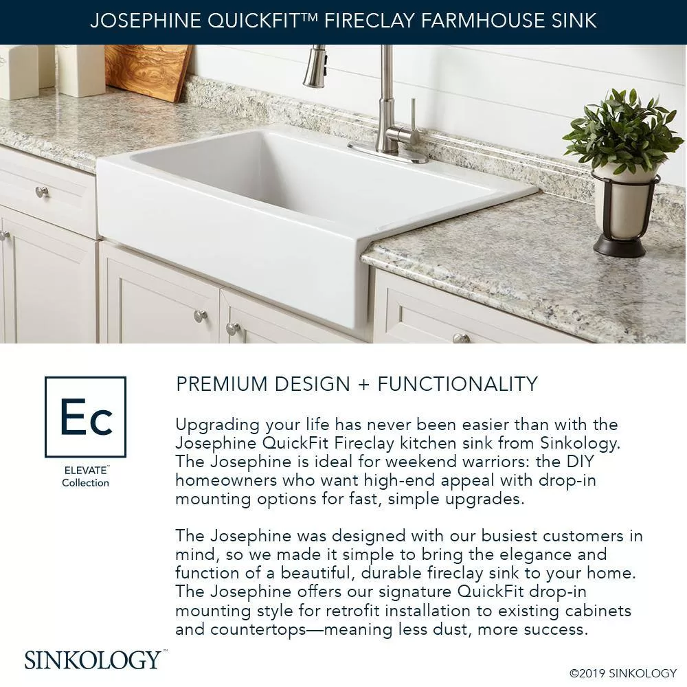 SINKOLOGY Josephine 34 in. 1-Hole Quick-Fit Farmhouse Apron Front Drop-in Single Bowl Crisp White Fireclay Kitchen Sink