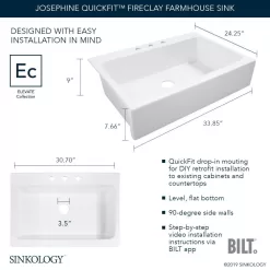 SINKOLOGY Josephine 34 in. 1-Hole Quick-Fit Farmhouse Apron Front Drop-in Single Bowl Crisp White Fireclay Kitchen Sink