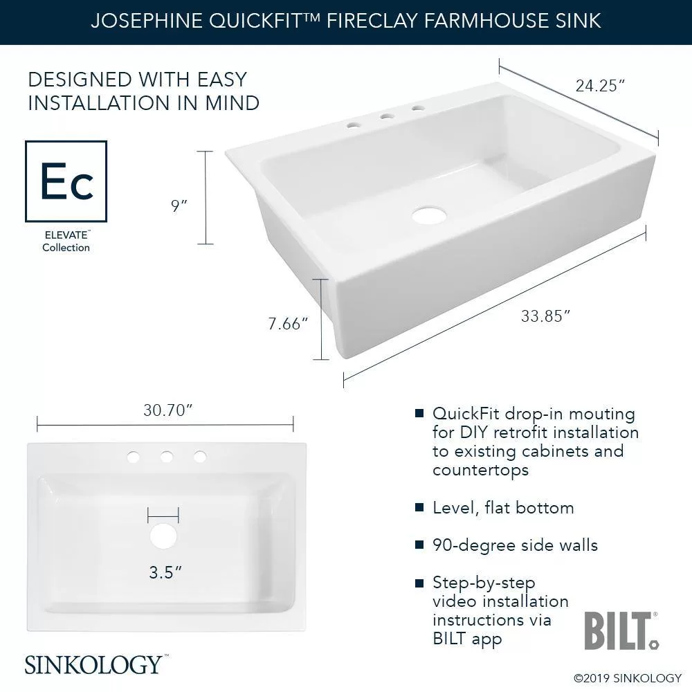 SINKOLOGY Josephine 34 in. 1-Hole Quick-Fit Farmhouse Apron Front Drop-in Single Bowl Crisp White Fireclay Kitchen Sink