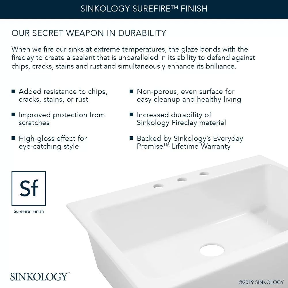 SINKOLOGY Josephine 34 in. 1-Hole Quick-Fit Farmhouse Apron Front Drop-in Single Bowl Crisp White Fireclay Kitchen Sink