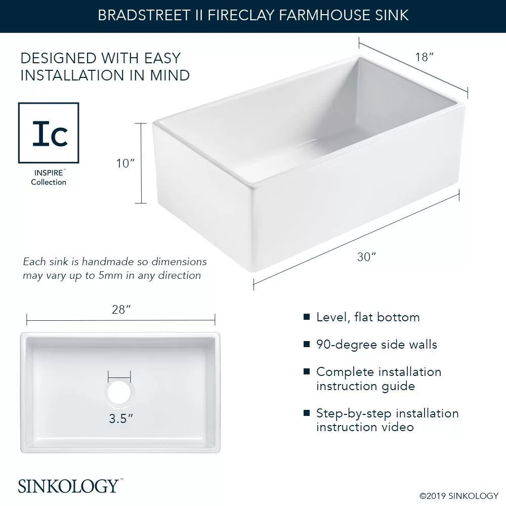 SINKOLOGY SK499-30FC Bradstreet II 30 in. Farmhouse Apron Front Undermount Single Bowl Crisp White Fireclay Kitchen Sink