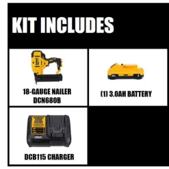 DEWALT DCN680BW230C 20V MAX XR Lithium-Ion 18-Gauge Nailer, (1) 3.0Ah Battery, and Charger