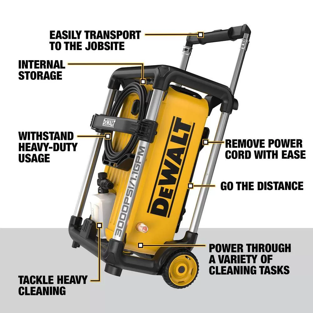 DEWALT DWPW3000 3000 PSI 1.1 GPM 15 Amp Cold Water Electric Pressure Washer with Internal Equipment Storage