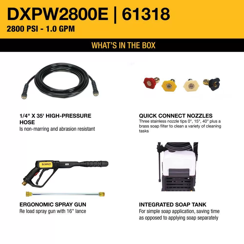 DEWALT DXPW2800E 2800 PSI 1.0 GPM Cold Water Electric Pressure Washer w/ Axial Pump