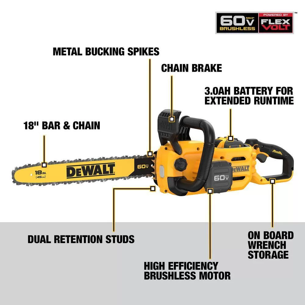 DEWALT FLEXVOLT 60V MAX 18 in. Brushless Cordless Battery Powered Chainsaw Kit with (1) FLEXVOLT 3 Ah Battery & Charger