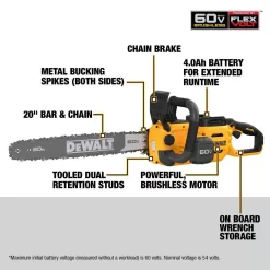 DEWALT FLEXVOLT 60V MAX 20 in. Brushless Electric Cordless Chainsaw Kit and Carry Case with (1) FLEXVOLT 4 Ah Battery & Charger