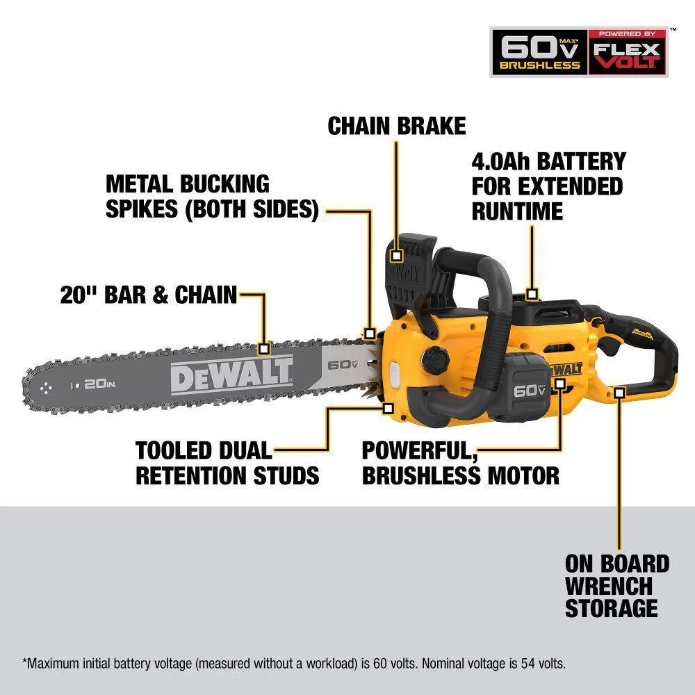 DEWALT FLEXVOLT 60V MAX 20 in. Brushless Electric Cordless Chainsaw Kit and Carry Case with (1) FLEXVOLT 4 Ah Battery & Charger