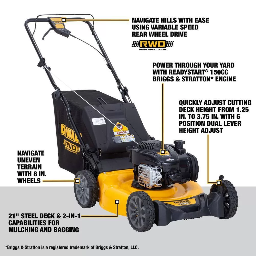 DEWALT 12A-O1T9739 21 in. 150cc Briggs and Stratton 625ex Engine Rear Wheel Drive 2-in-1 Gas Self Propelled Walk Behind Lawn Mower