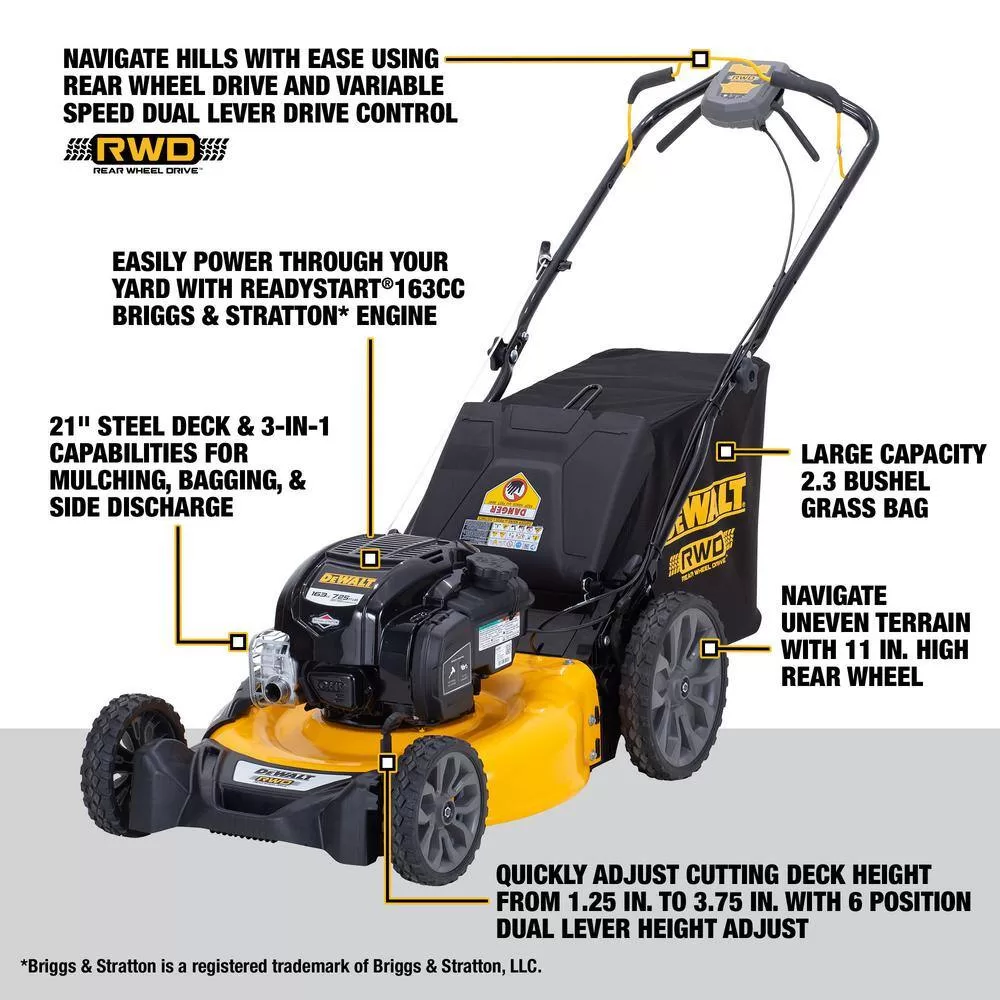 DEWALT 12AVP2R3739 21 in. 163cc Briggs and Stratton 725Exi Engine Rear Wheel Drive 3-in-1 Gas Self Propelled Walk Behind Lawn Mower