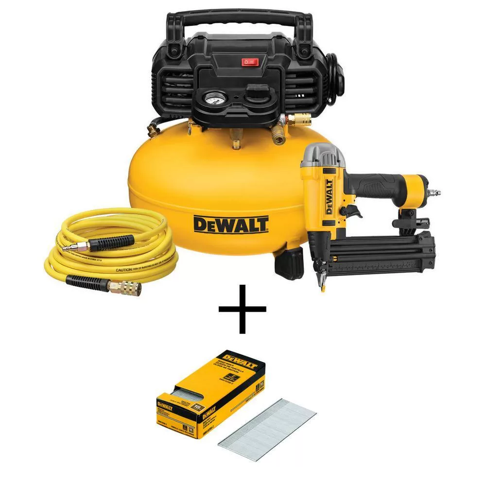 DEWALT DWFP1KIT18200-2 6 Gal. 165 PSI Heavy-Duty Electric Pancake Air Compressor, 18-Gauge Brad Nailer and 2 in. x 18-GA Brads (2500 per Pack)