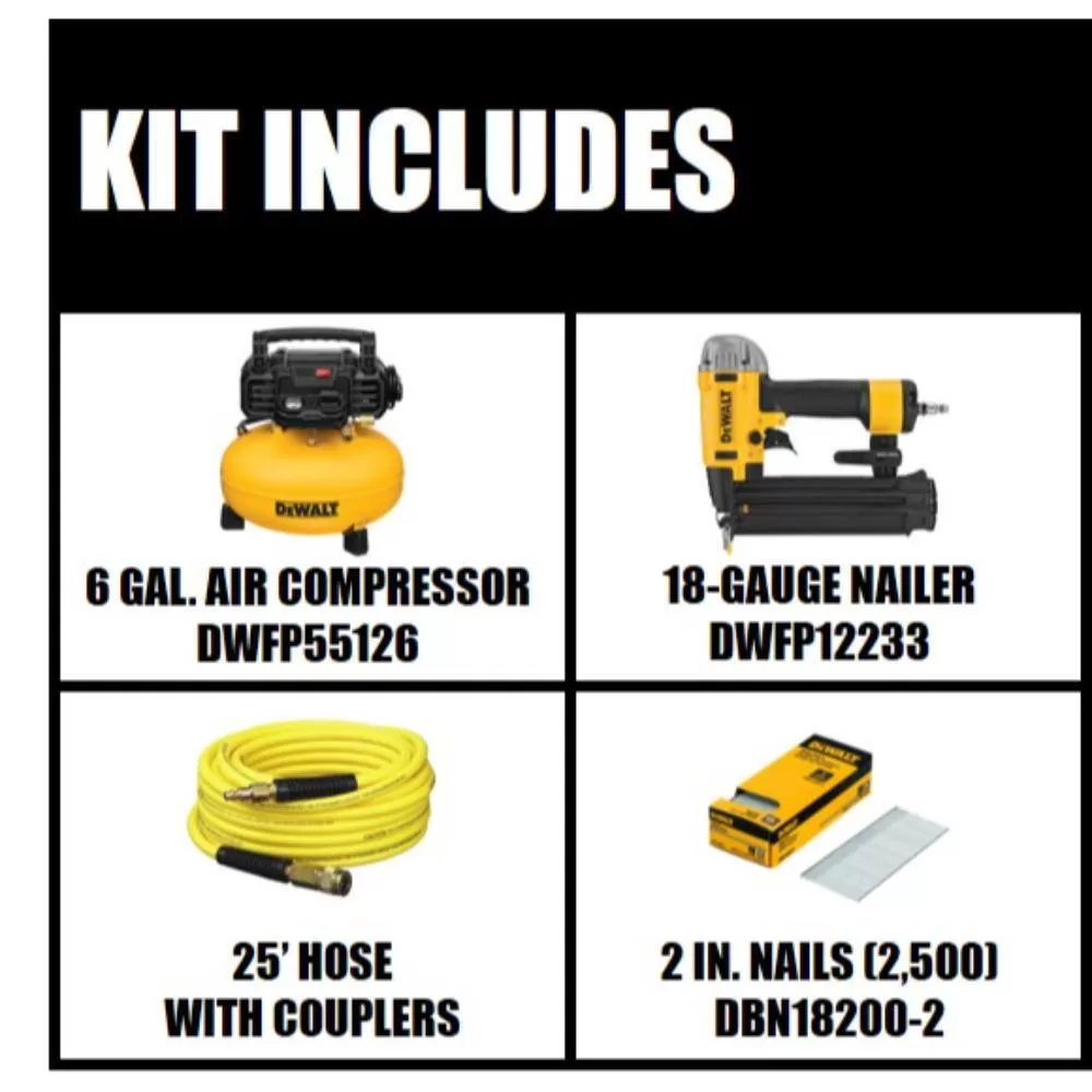 DEWALT DWFP1KIT18200-2 6 Gal. 165 PSI Heavy-Duty Electric Pancake Air Compressor, 18-Gauge Brad Nailer and 2 in. x 18-GA Brads (2500 per Pack)