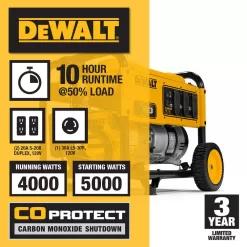 DEWALT DXGNR4000 4000-Watt Manual Start Gas-Powered Portable Generator with Premium Engine, Covered Outlets and CO Protect