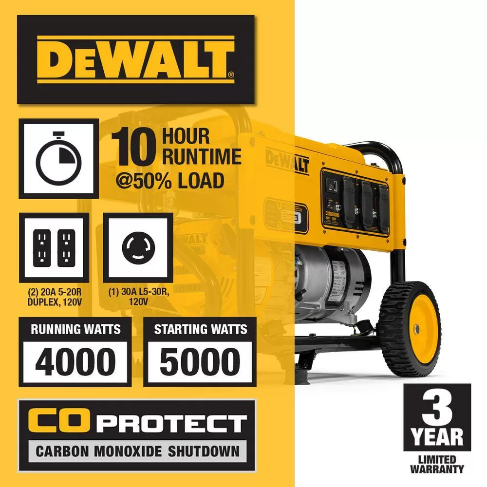 DEWALT DXGNR4000 4000-Watt Manual Start Gas-Powered Portable Generator with Premium Engine, Covered Outlets and CO Protect