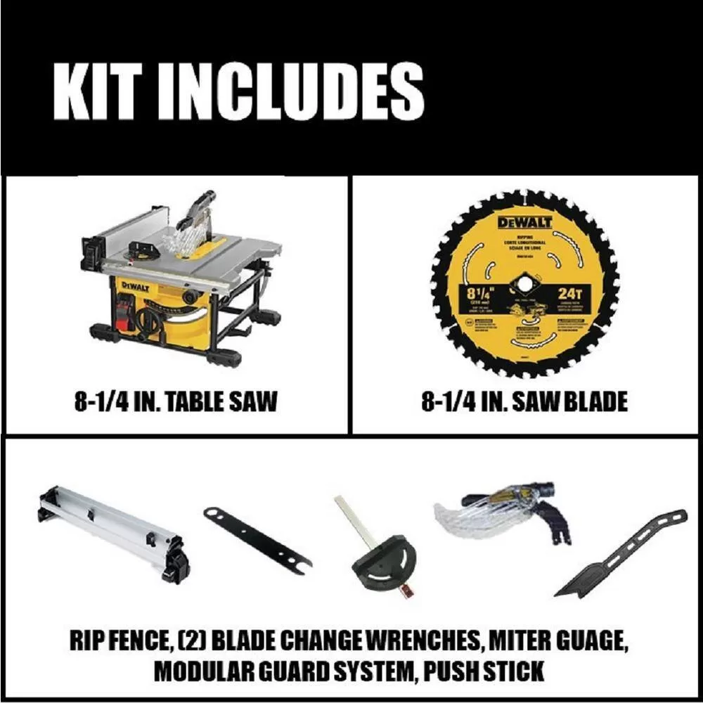 DEWALT DWE7485WW7440RS 15 Amp Corded 8-1/4 in. Compact Portable Jobsite Tablesaw with Heavy-Duty Rolling Stand with Quick-Connect Brackets