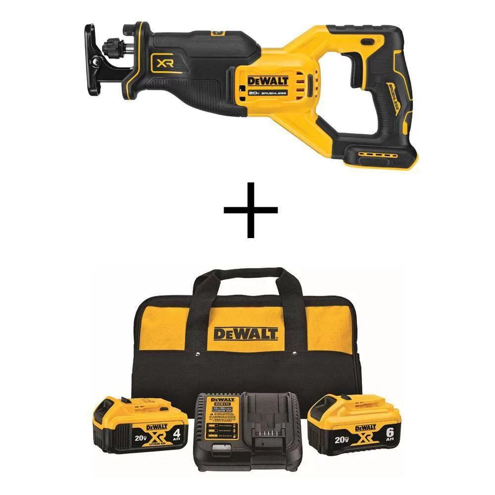 DEWALT DCB246CKWCS382B 20-Volt MAX XR Cordless Brushless Reciprocating Saw with 20-Volt MAX XR Premium Lithium-Ion 6.0Ah and 4.0Ah Starter Kit