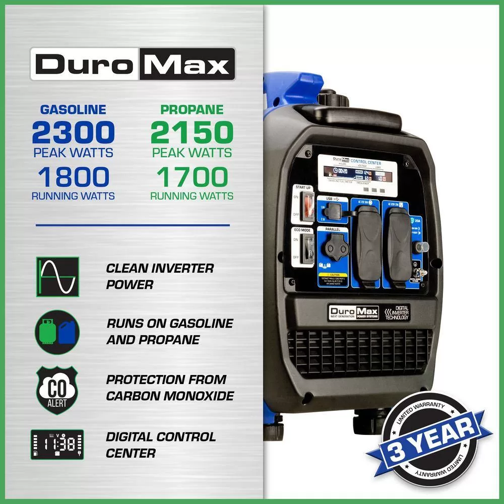 DUROMAX XP2300iH 2,300-Watt/1,800-Watt Recoil Start Dual Fuel Portable Digital Inverter Generator 50-State