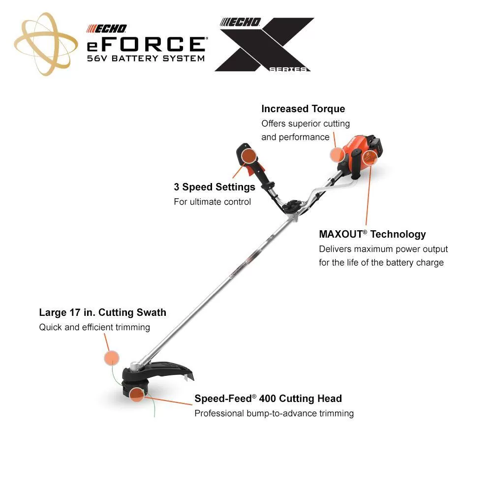 ECHO eFORCE 56V X Series 17 in. Brushless Cordless Battery String Trimmer/Brushcutter with 5.0 Ah Battery and Rapid Charger