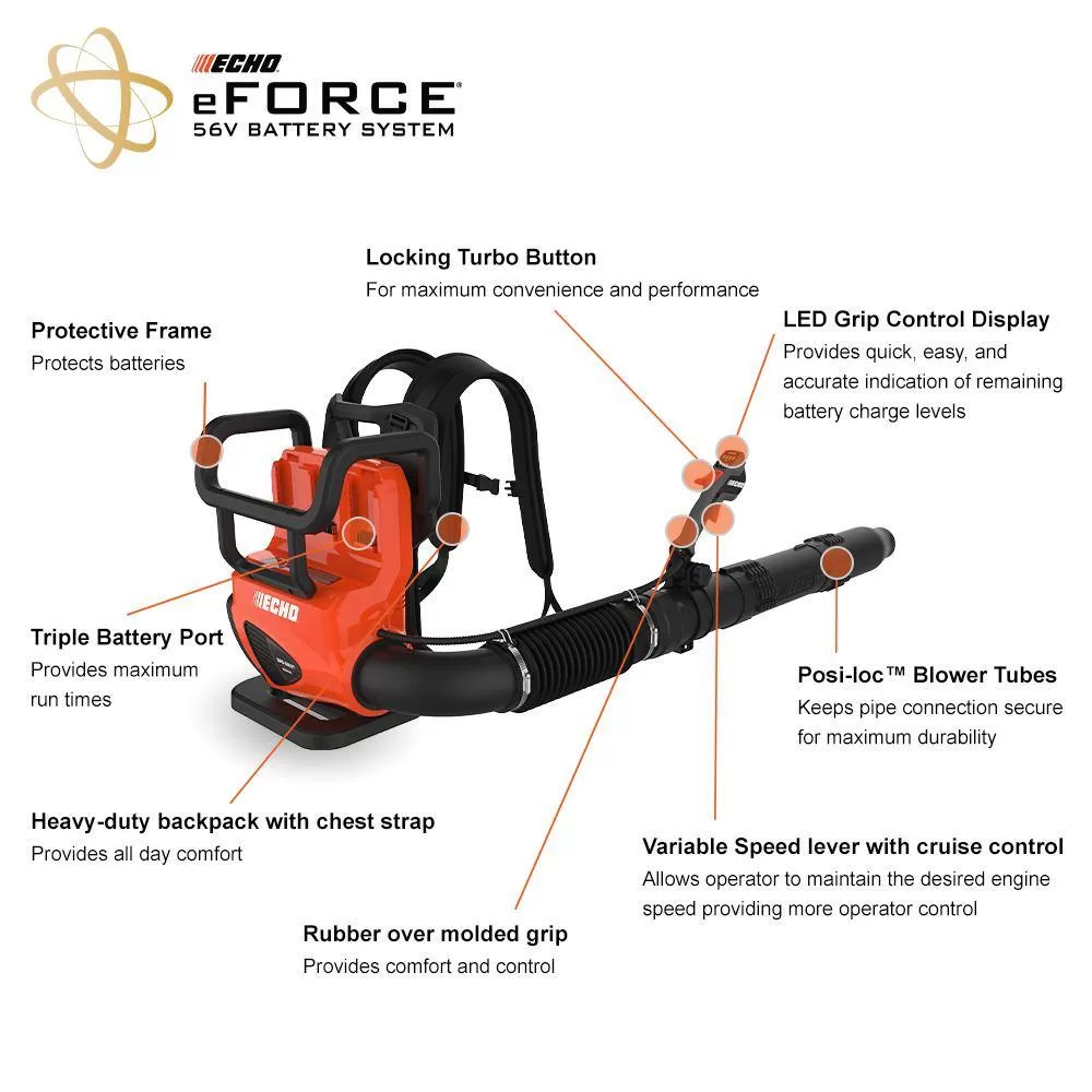 ECHO eFORCE 56V 195 MPH 795 CFM Cordless Battery Backpack Blower w/Tube Throttle & (2) 5.0Ah Batteries & Dual Port Charger