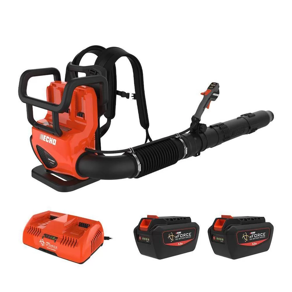ECHO eFORCE 56V 195 MPH 795 CFM Cordless Battery Backpack Blower w/Tube Throttle & (2) 5.0Ah Batteries & Dual Port Charger