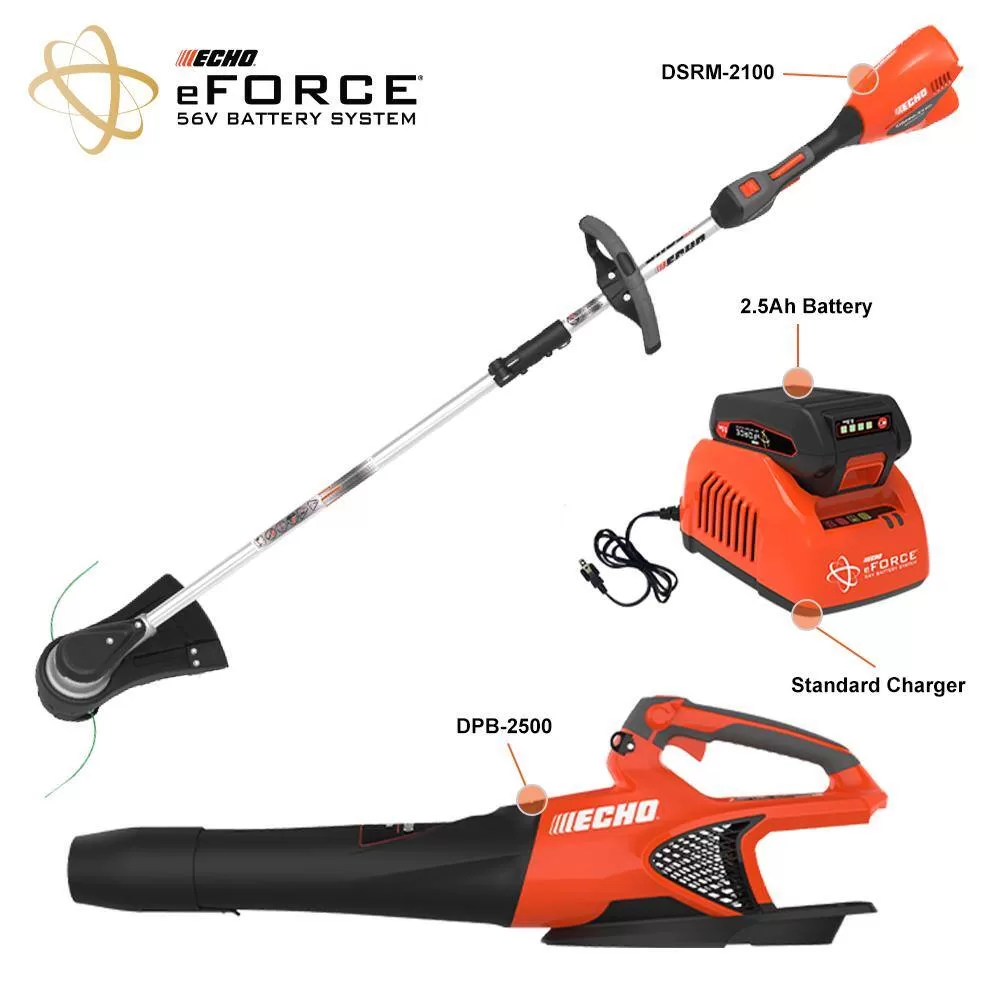 ECHO eFORCE 56V Cordless Battery 16 in. String Trimmer and 151 MPH 526 CFM Blower Combo Kit w/ 2.5Ah Battery & Charger 2-Tool