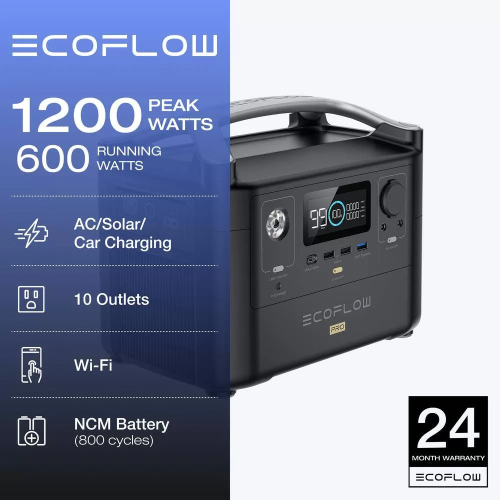 EcoFlow EFRIVER600PRO-AM 600W Output/1200W Peak Push-Button Start Battery Generator RIVER Pro Fast Charging