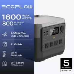 EcoFlow ZMR620-B-US 800W Output/1600W Peak Push-Button Start Battery Generator RIVER 2 Pro, LFP Battery, Fast Charging