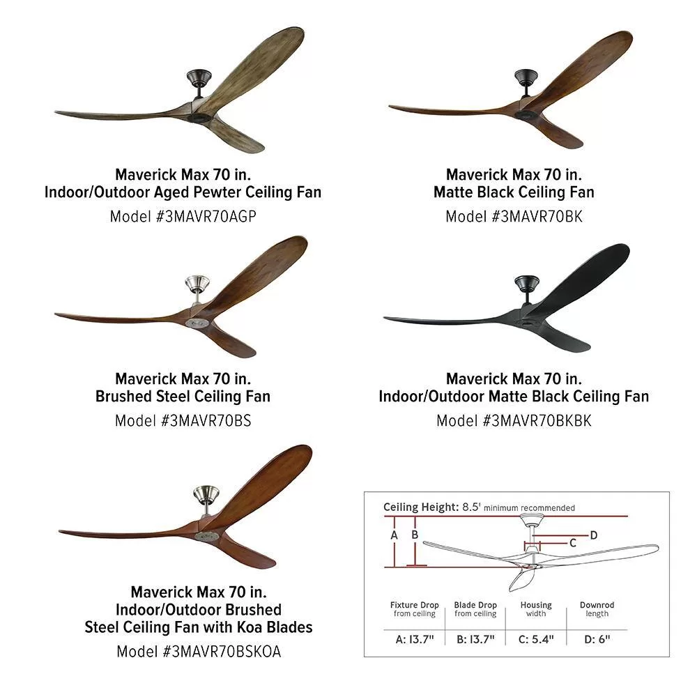 Generation Lighting Maverick Max 70 in. Modern Indoor/Outdoor Matte Black Ceiling Fan with Dark Walnut Balsa Blades and Remote Control