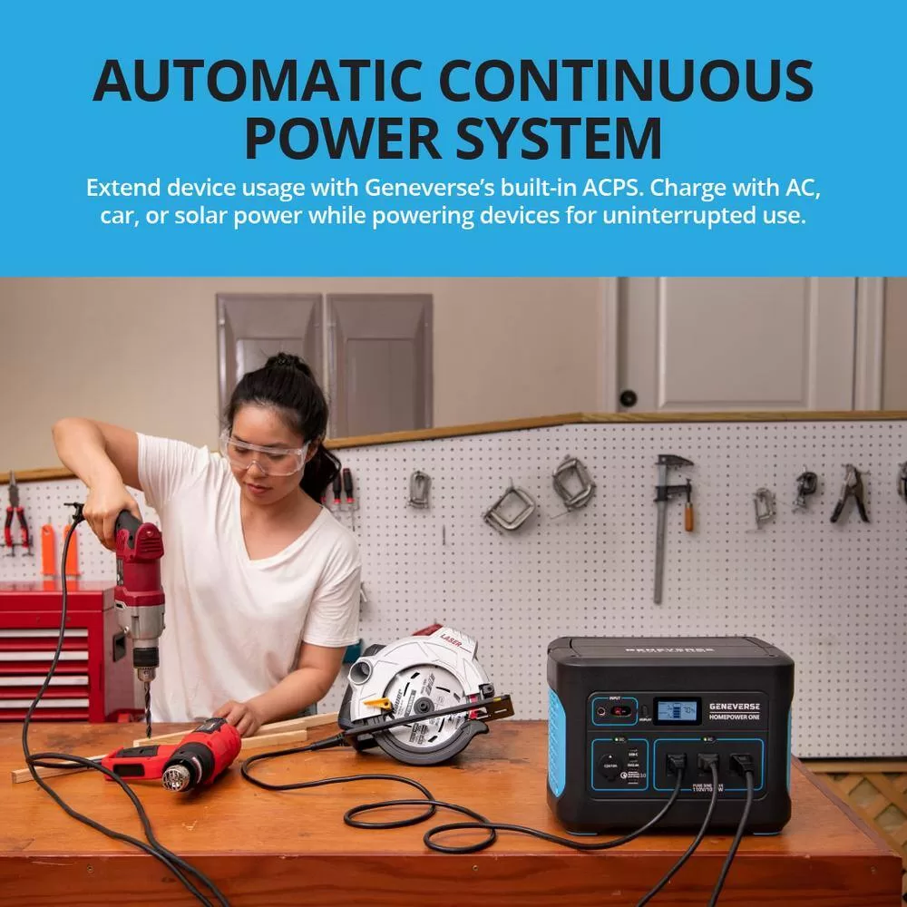 GENEVERSE 70-GVUS-HP1001 1002W Continuous/2000W Peak Output HomePower ONE Backup Battery Power Station for Homes-Emergency Power Supply