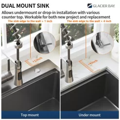 Glacier Bay 27 in Drop-In Single Bowl 18 Gauge Gunmetal Black Stainless Steel Workstation Kitchen Sink with Black Spring Neck Faucet