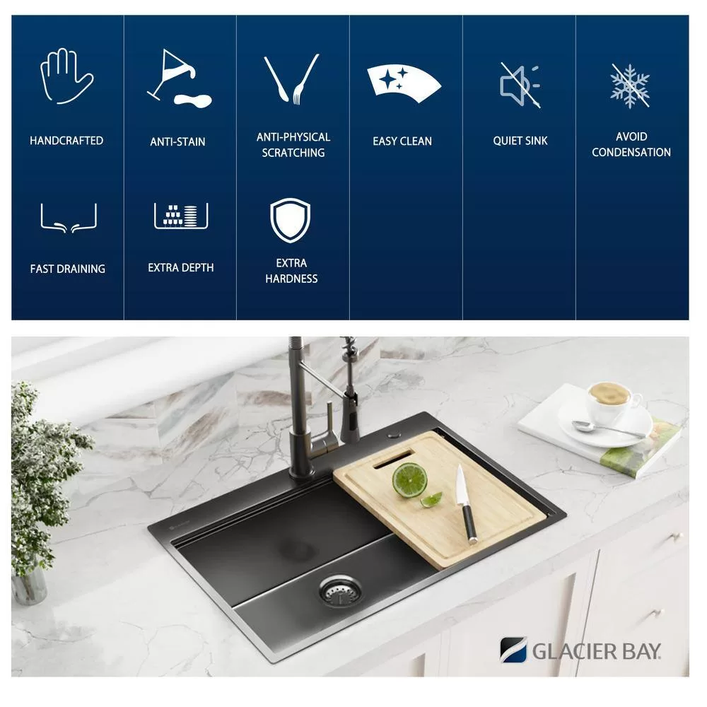 Glacier Bay 27 in Drop-In Single Bowl 18 Gauge Gunmetal Black Stainless Steel Workstation Kitchen Sink with Black Spring Neck Faucet