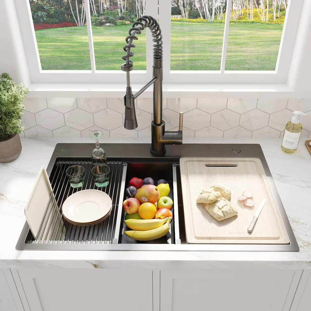 Glacier Bay 27 in Drop-In Single Bowl 18 Gauge Gunmetal Black Stainless Steel Workstation Kitchen Sink with Black Spring Neck Faucet