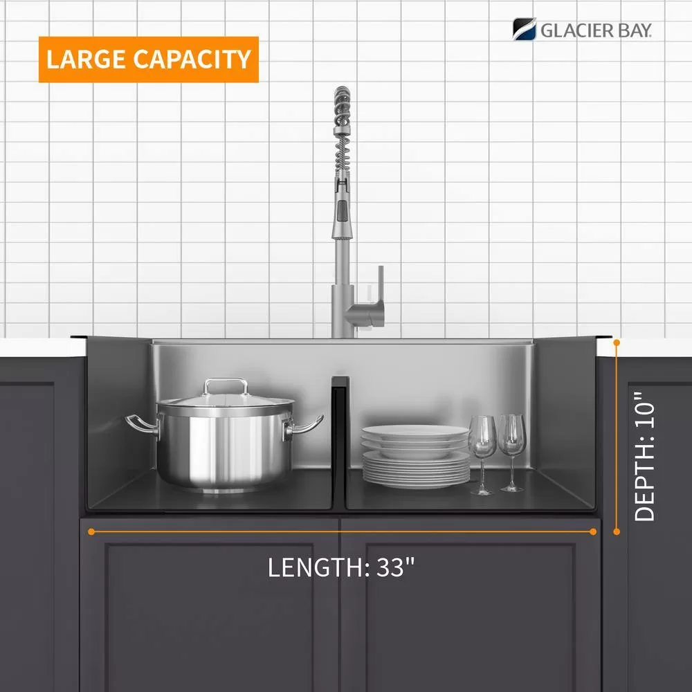 Glacier Bay 33 in. Drop-In Double Bowl 18 Gauge Gunmetal Black Stainless Steel Workstation Kitchen Sink
