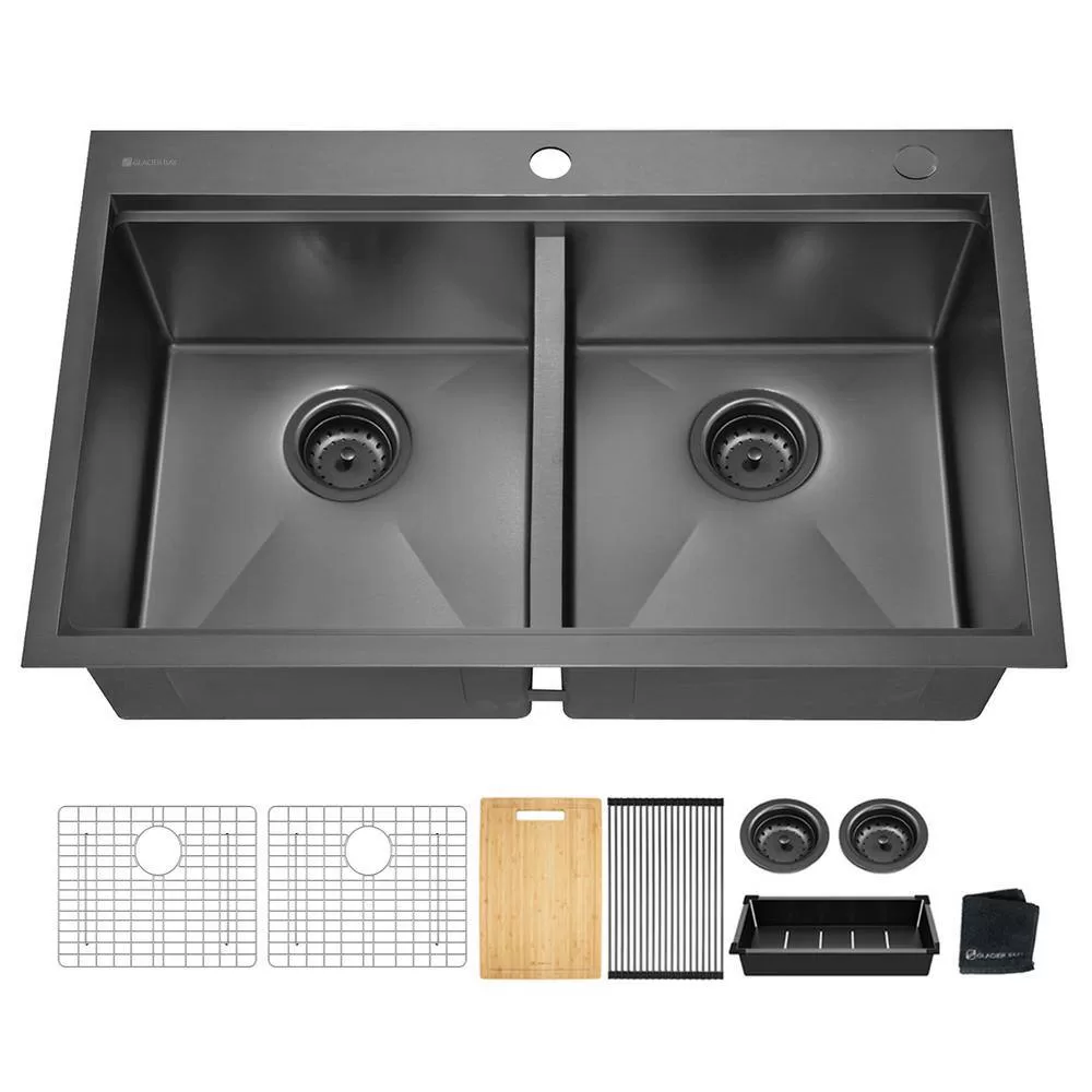 Glacier Bay 33 in. Drop-In Double Bowl 18 Gauge Gunmetal Black Stainless Steel Workstation Kitchen Sink