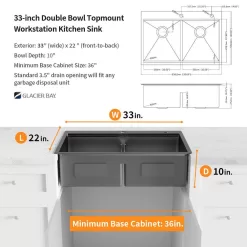Glacier Bay 33 in. Drop-In Double Bowl 18 Gauge Gunmetal Black Stainless Steel Workstation Kitchen Sink