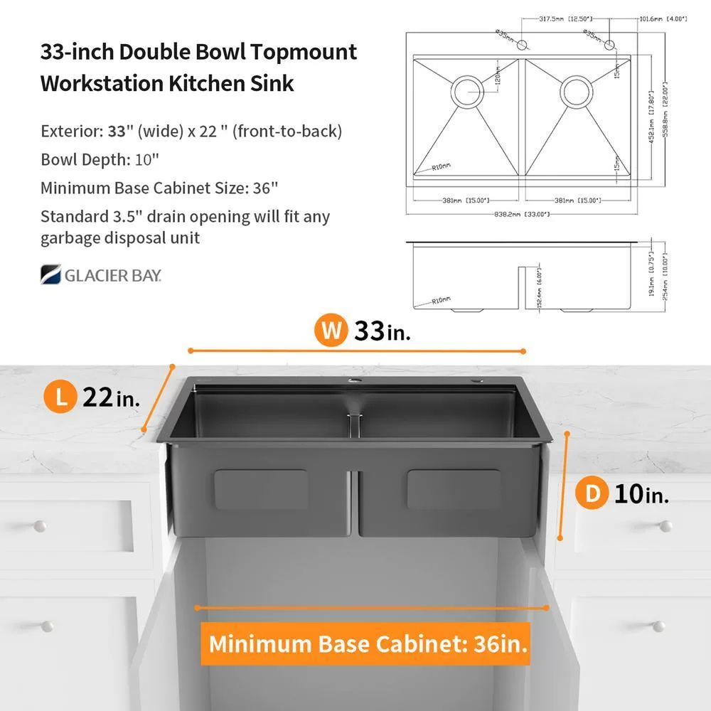 Glacier Bay 33 in. Drop-In Double Bowl 18 Gauge Gunmetal Black Stainless Steel Workstation Kitchen Sink