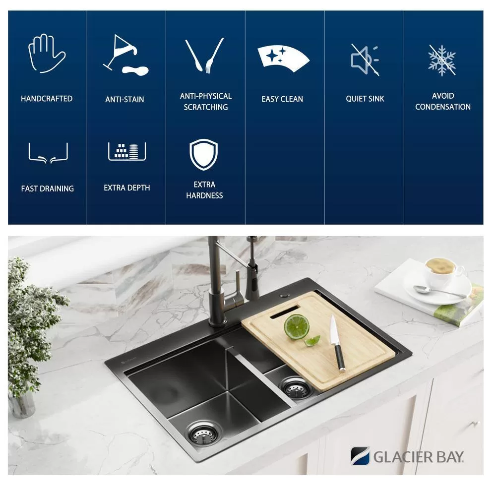 Glacier Bay 33 in. Drop-In Double Bowl 18 Gauge Gunmetal Black Stainless Steel Workstation Kitchen Sink