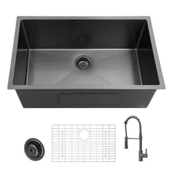 Glacier Bay 31 in. Undermount Single Bowl 18 Gauge Gunmetal Black Stainless Steel Kitchen Sink with Black Spring Neck Faucet