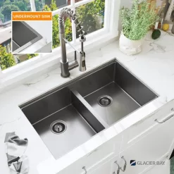 Glacier Bay 33 in. Undermount Double Bowl 18 Gauge Gunmetal Black Stainless Steel Workstation Kitchen Sink with Spring Neck Faucet