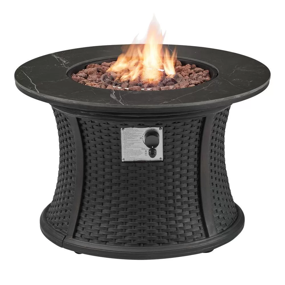 Hampton Bay FP58031-B 35.2 in. W x 24 in. H Round Wicker Finish Fire Table with Sintered Stone Tabletop