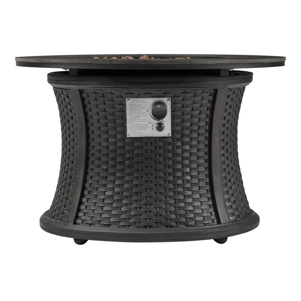 Hampton Bay FP58031-B 35.2 in. W x 24 in. H Round Wicker Finish Fire Table with Sintered Stone Tabletop