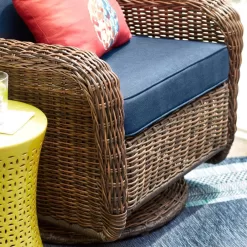 Hampton Bay Cambridge Brown Wicker Outdoor Patio Swivel Rocking Chair with CushionGuard Midnight Navy Blue Cushions
