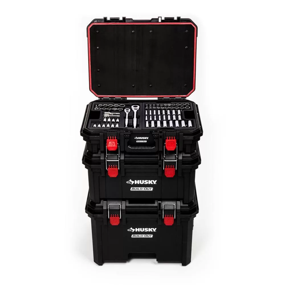 Husky H270BO3PCRTBCB 1/4 in., 3/8 in., and 1/2 in. Drive Mechanics Tool Set with Build-Out Rolling System (270-Piece)
