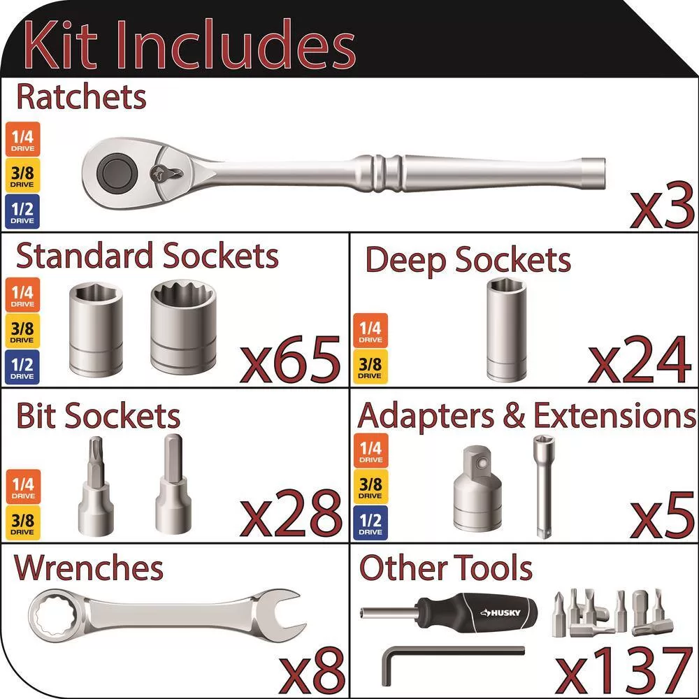 Husky H270BO3PCRTBCB 1/4 in., 3/8 in., and 1/2 in. Drive Mechanics Tool Set with Build-Out Rolling System (270-Piece)