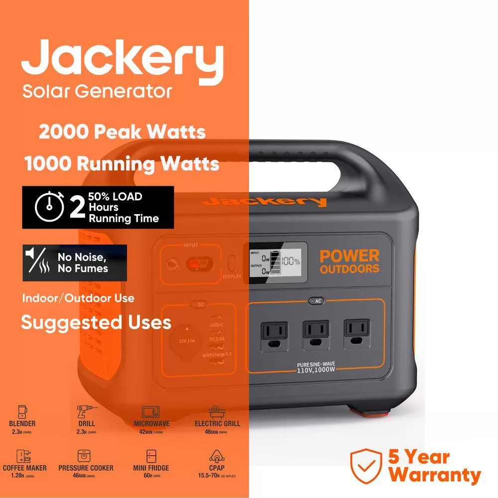 Jackery HTE053-880 1000-Watt Output/2000W Peak Portable Solar Power Station Explorer 880 Push Start Battery Generator for Outdoors/Camping
